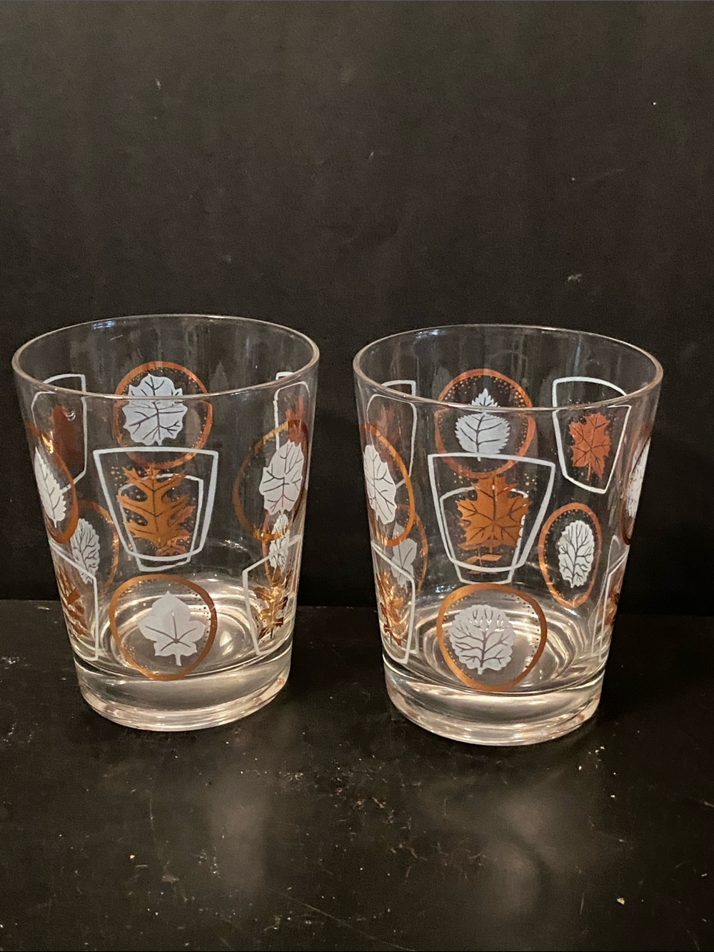 Set of 2 MCM Federal Glass “Glen Echo” Golden Leaves Highball Glasses/Tumblers